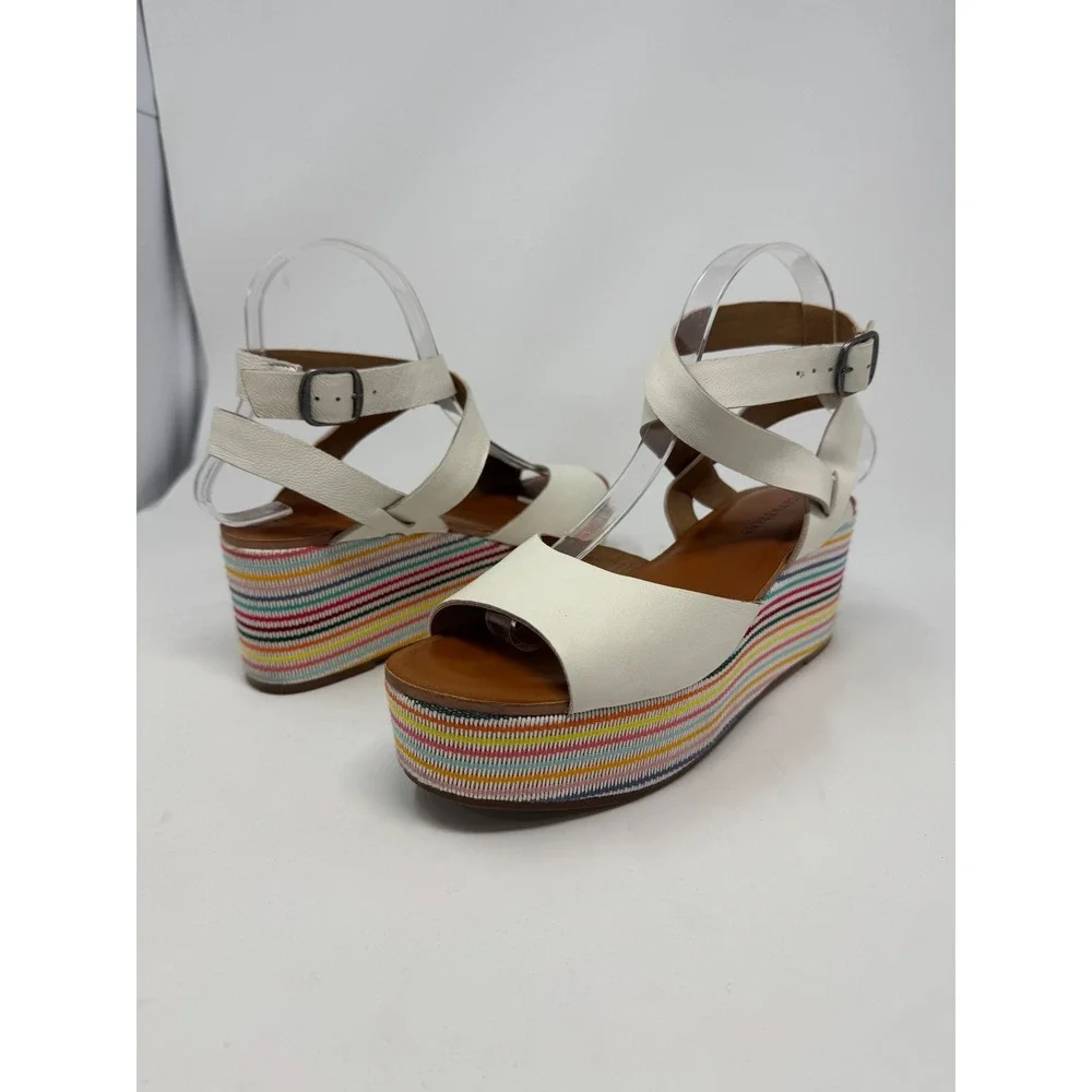 Lucky Brand Ginny Womens White Leather Rainbow Striped‎ Platform Wedge Sz 8.5